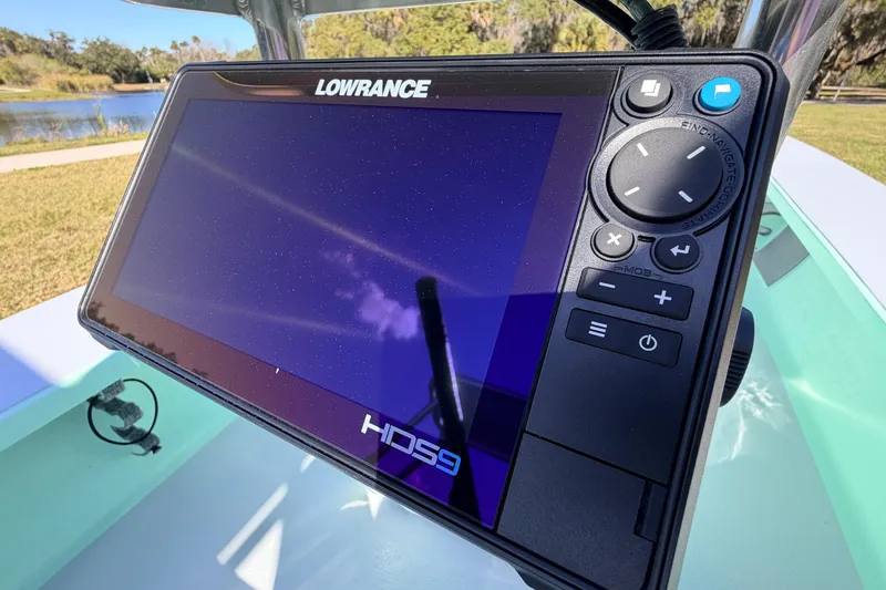 Slide: The Image of Lowrance HDS9 fishfinder on 2011 Hell's Bay Glades Skiff, near scenic waterway. - 35