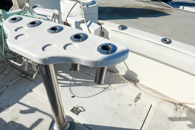 Slide: The Image of Fishing rod holders on a 1987 Mediterranean 38 boat deck. - 29