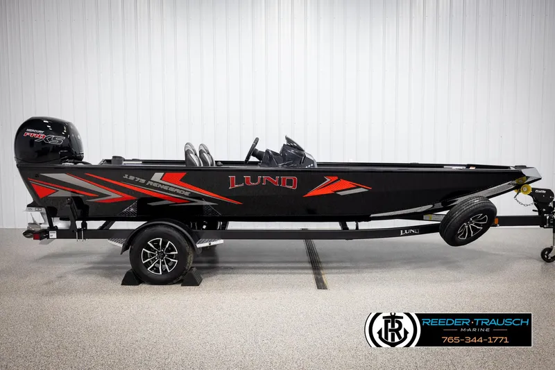 Slide: The Image of 2025 Lund 1975 Renegade boat with trailer, featuring sleek black and red design. - 3