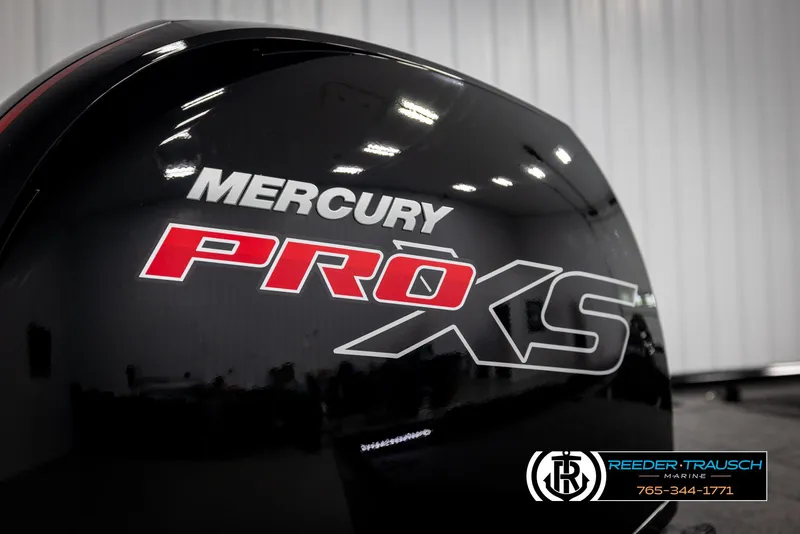 Slide: The Image of Mercury Pro XS engine on 2025 Lund 1975 Renegade boat, Reeder-Trausch Marine branding. - 44