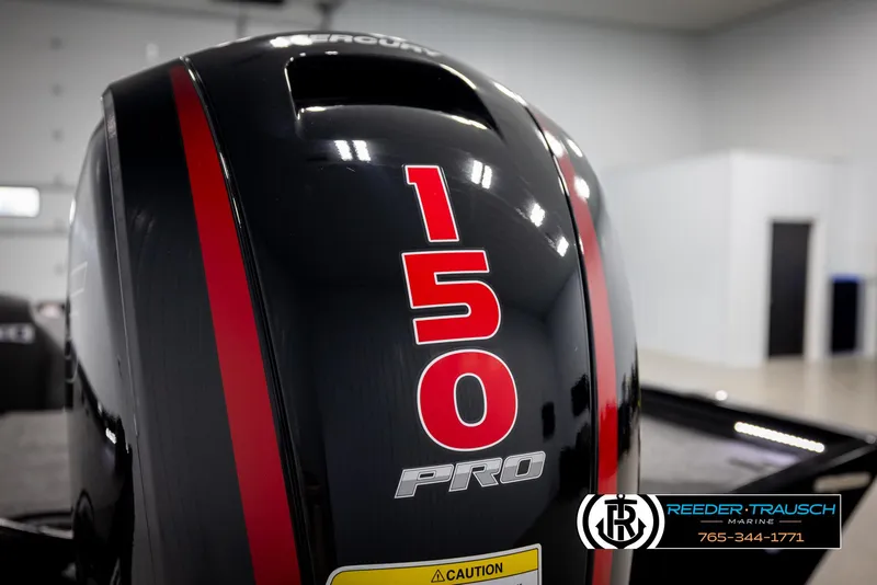 Slide: The Image of Outboard motor with "150 Pro" branding on a 2025 Lund 1975 Renegade boat. - 45
