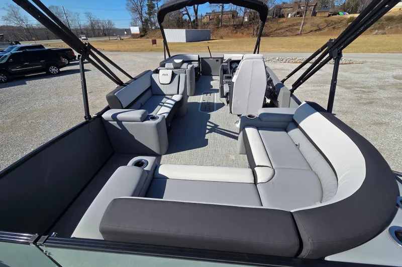 Slide: The Image of 2026 Avalon Platinum Catalina 2585 Elite pontoon boat with spacious seating and modern design. - 8