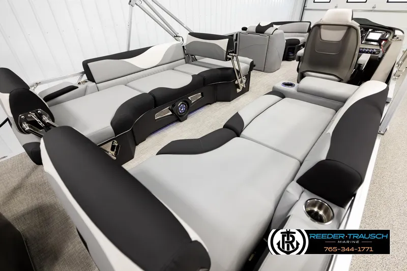 Slide: The Image of Luxurious interior of 2026 Avalon LSZ QLS pontoon boat with plush seating and modern design. - 12