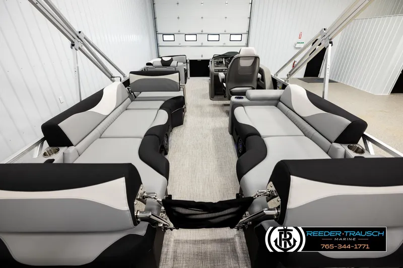Slide: The Image of 2026 Avalon LSZ QLS pontoon boat interior with modern seating and sleek design. - 16