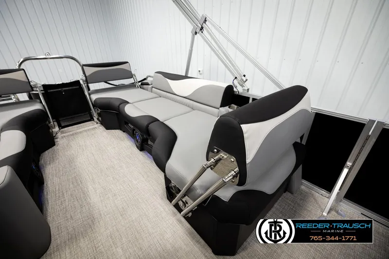 Slide: The Image of 2026 Avalon LSZ QLS pontoon boat interior with modern seating and sleek design. - 25