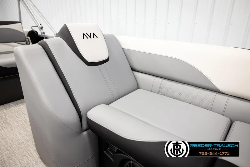 Slide: The Image of 2026 Avalon LSZ QLS boat interior with luxurious gray seating and modern design. - 48