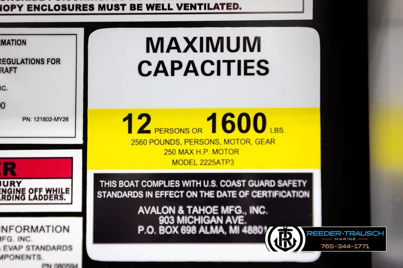 Slide: The Image of 2026 Avalon LSZ QLS boat capacity label: 12 persons or 1600 lbs, 250 HP motor. - 60