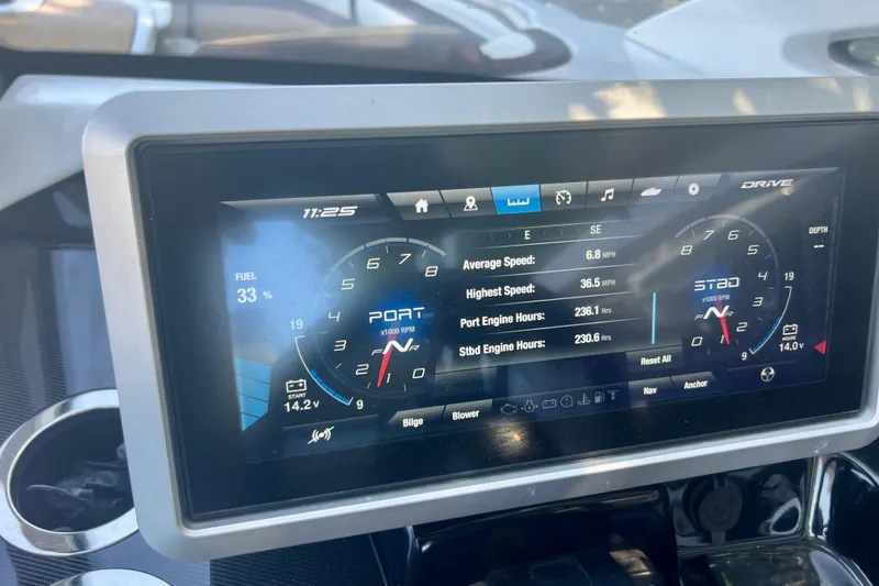Slide: The Image of Dashboard of 2021 Yamaha Boats 275SD showing engine stats and fuel level. - 12