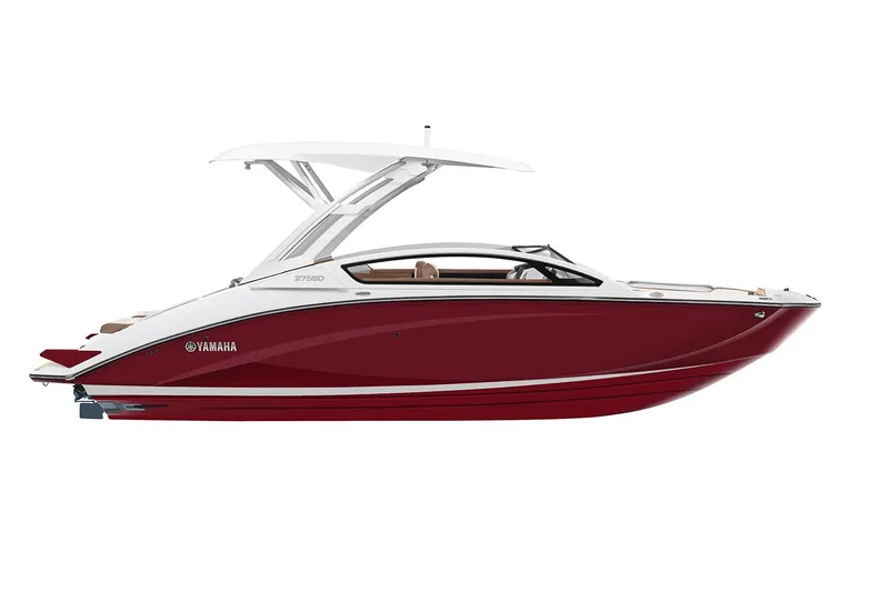 Slide: The Image of 2021 Yamaha Boats 275SD docked, showcasing sleek design and spacious seating. - 5