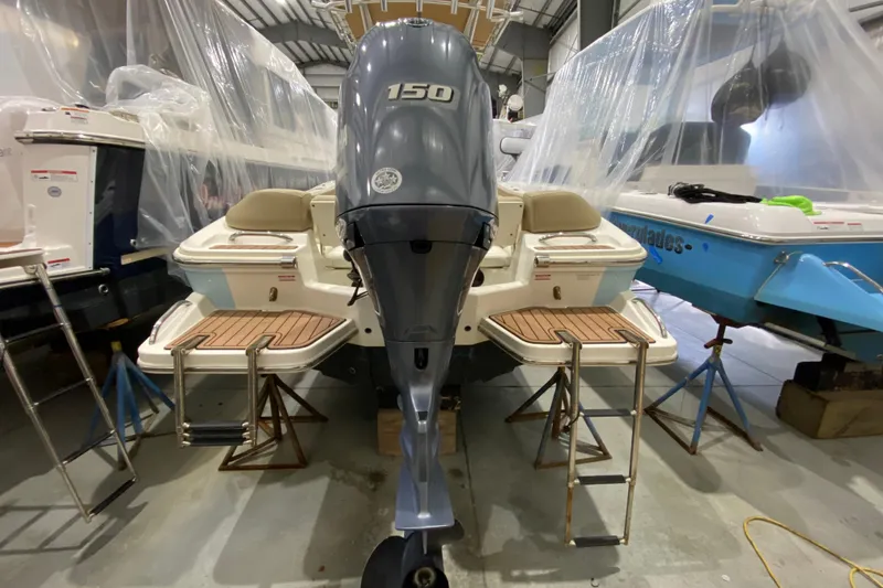 Slide: The Image of 2019 Pioneer 202 Islander boat with 150 HP engine in storage facility. - 6