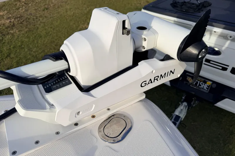 Slide: The Image of Garmin trolling motor on 2015 Pioneer 186 Cape Island boat, close-up view. - 22