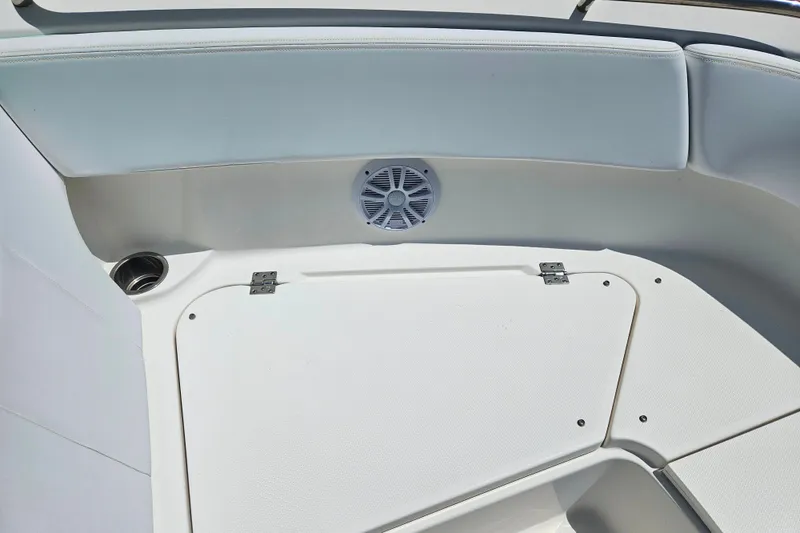Slide: The Image of 2019 Robalo R247 Dual Console boat interior with speaker and storage compartment. - 39