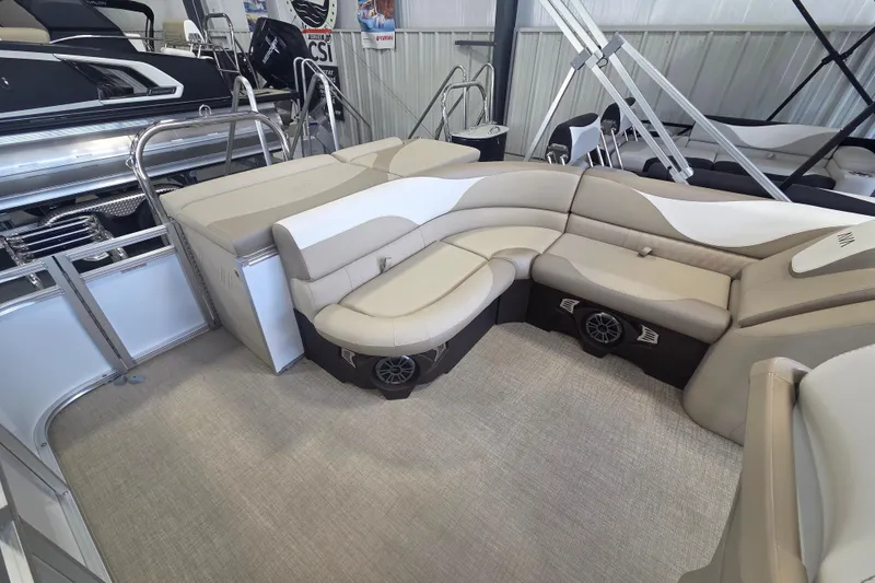 Slide: The Image of Luxurious seating on 2026 Avalon Platinum LSZ 2385 Cruise pontoon boat, featuring elegant design and comfort. - 10