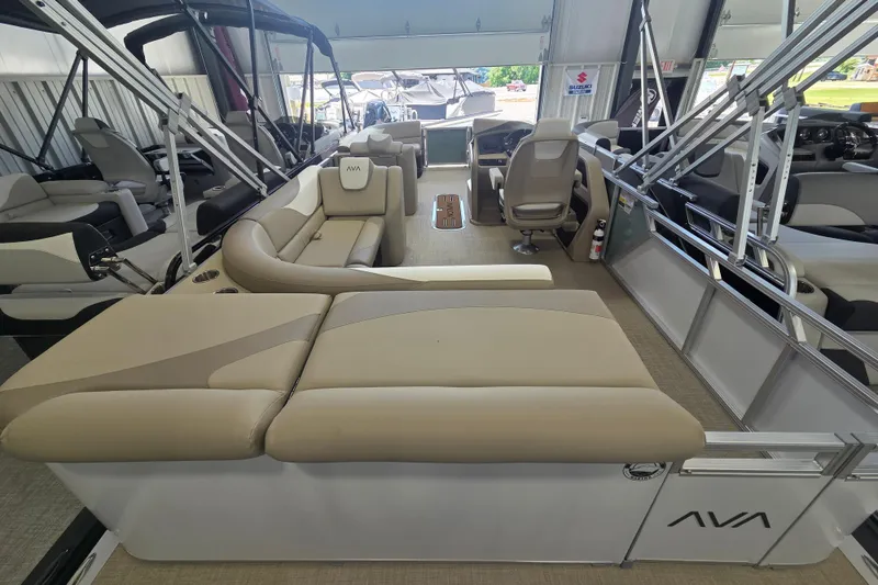 Slide: The Image of 2026 Avalon Platinum LSZ 2385 Cruise pontoon boat interior with luxurious seating and modern design. - 11