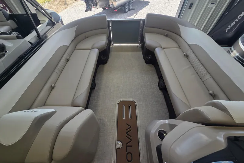 Slide: The Image of Luxurious interior of 2026 Avalon Platinum LSZ 2385 Cruise pontoon boat with plush seating. - 5