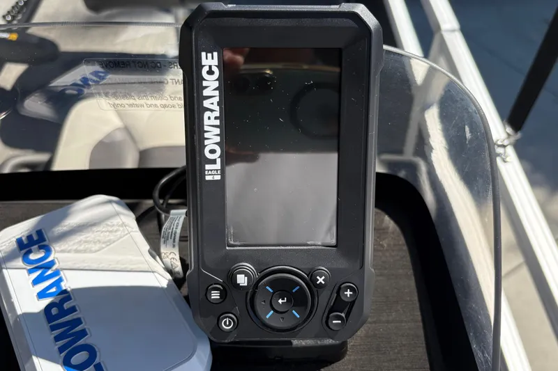 Slide: The Image of Lowrance fish finder on 2026 Sun Tracker Bass Buggy 18 DLX boat dashboard. - 17