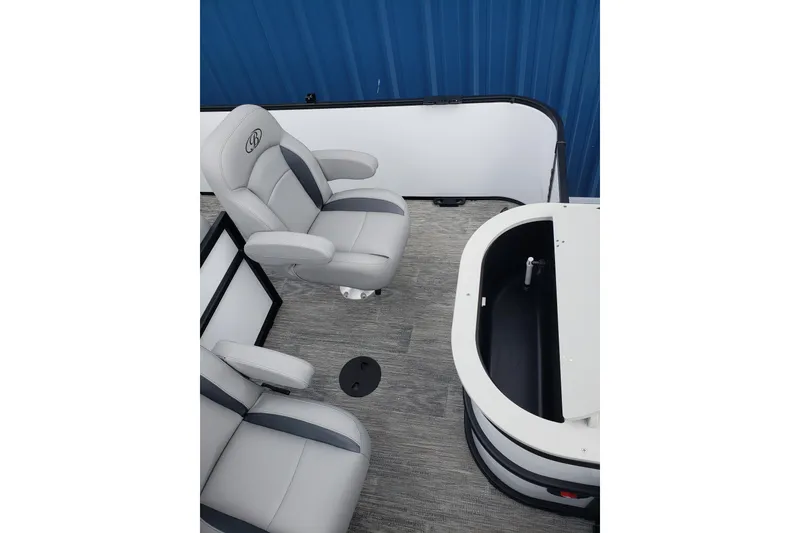 Slide: The Image of 2026 Bentley Pontoons Fish 223 N-Cruise interior with gray seating and storage area. - 11
