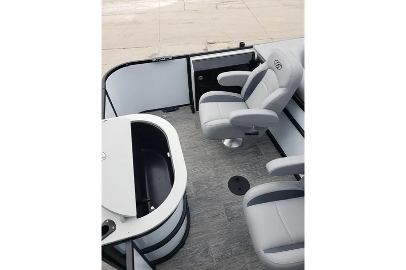 Slide: The Image of 2026 Bentley Pontoons Fish 223 N-Cruise interior with plush seating and sleek design. - 12