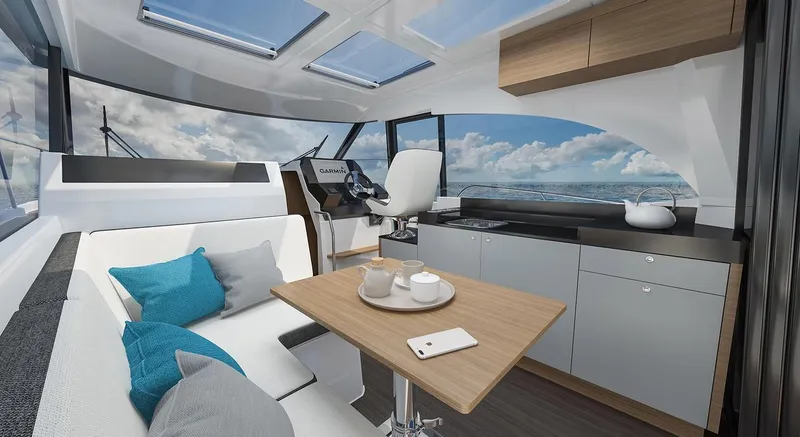 Slide: The Image of 2023 Beneteau Antares 11 docked, featuring dual Mercury 300 engines. - 2