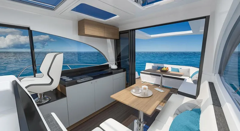 Slide: The Image of 2023 Beneteau Antares 11 boat docked, showcasing sleek design and modern features. - 3
