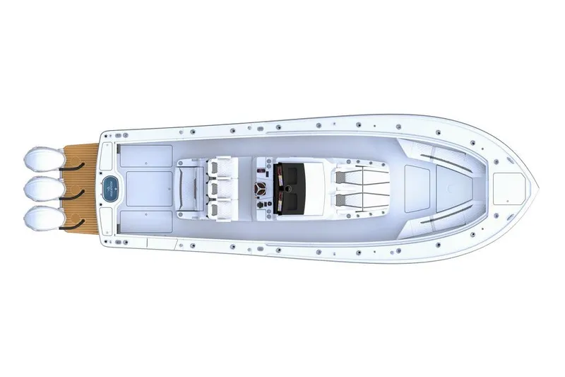 Slide: The Image of Manufacturer Provided Image: Top view of 2026 Regulator 35 boat with triple engines and spacious deck layout. - 5