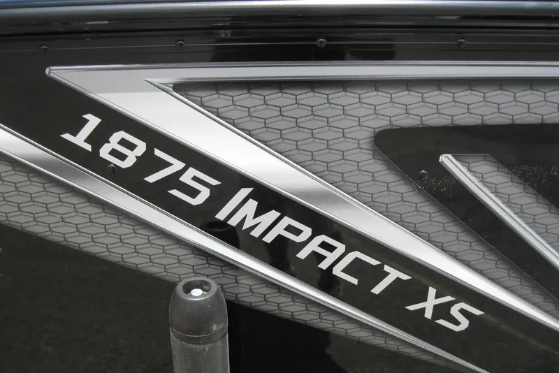 Slide: The Image of 2025 Lund 1875 Impact XS Sport boat logo with hexagonal pattern background. - 4