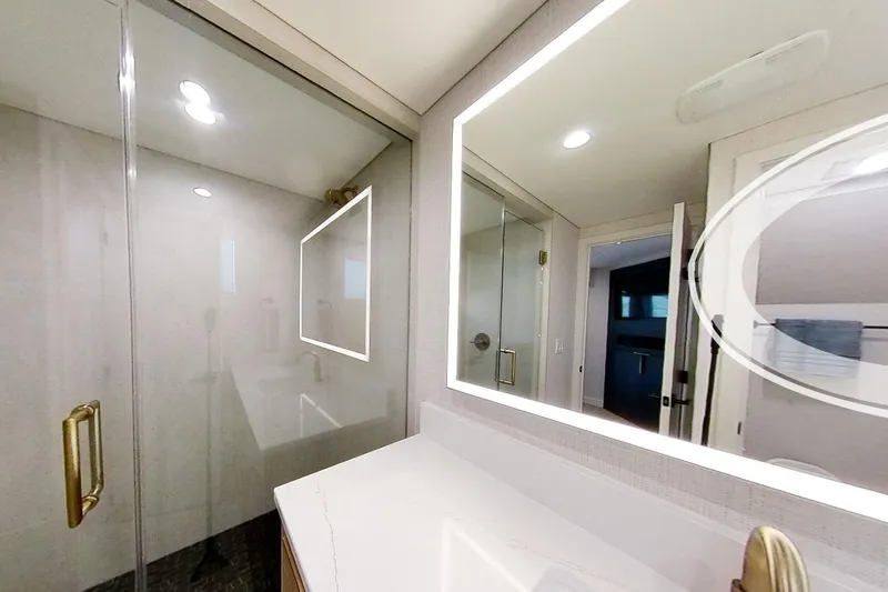 Slide: The Image of Modern bathroom with illuminated mirror and glass shower, Adonia Radiance Share #3, 2022 model. - 18