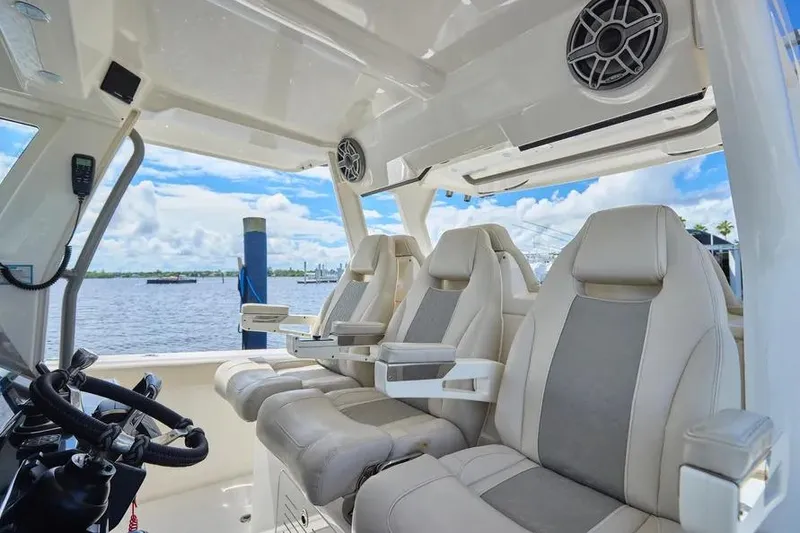 Slide: The Image of Interior of 2022 Solace 41 CS boat with luxurious seating and ocean view. - 28