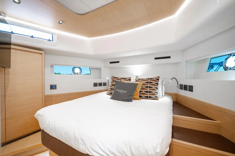 Slide: The Image of Luxurious cabin interior of 2023 Pardo Yachts E60 with modern design and cozy bedding. - 38