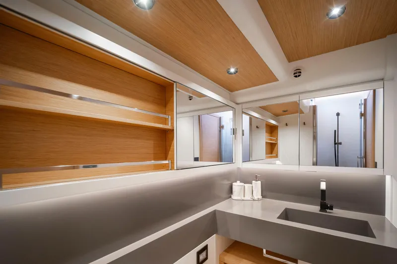 Slide: The Image of Luxurious interior of 2023 Pardo Yachts E60, featuring modern wood finishes and sleek design. - 48