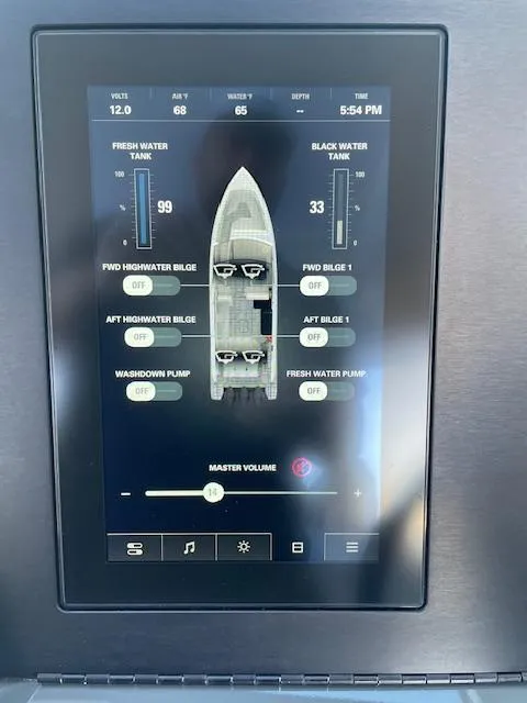 Slide: The Image of Control panel display of a 2022 Aviara AV 32-OB boat, showing water tank levels and bilge settings. - 15