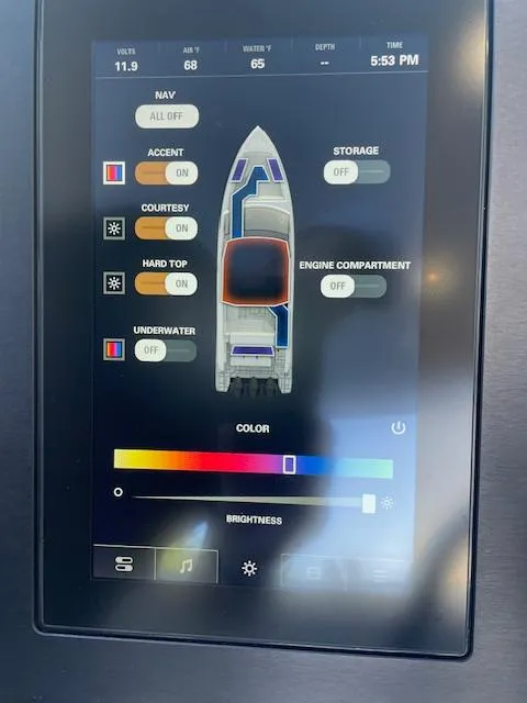 Slide: The Image of Touchscreen control panel of a 2022 Aviara AV 32-OB boat, displaying lighting and color settings. - 16