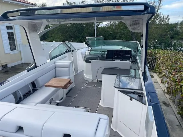 Slide: The Image of 2022 Aviara AV 32-OB boat interior with modern seating and sleek design. - 10