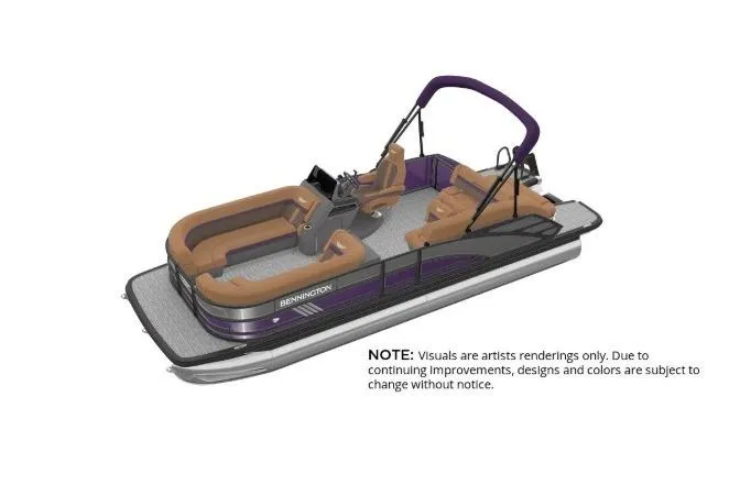 Slide: The Image of 2026 Bennington 22 MSB pontoon boat, artist rendering with brown seating and sleek design. - 2