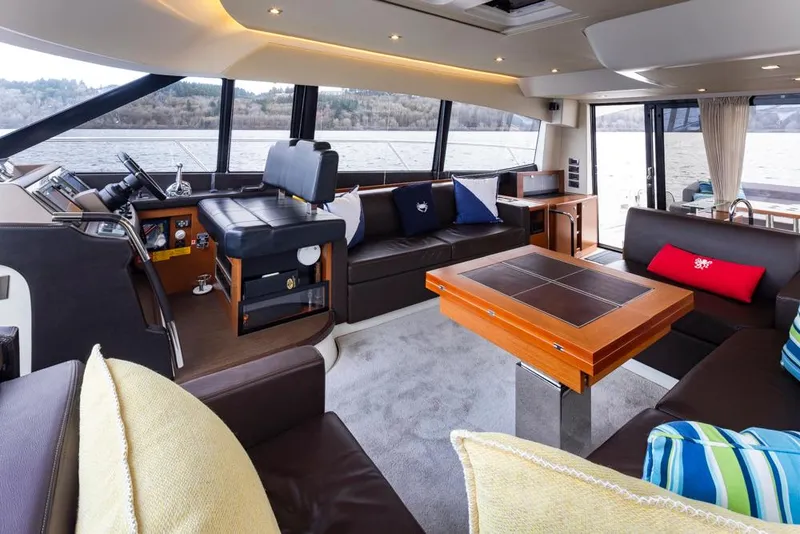 Slide: The Image of Luxurious interior of a 2017 Prestige 560 yacht with modern seating and scenic windows. - 17