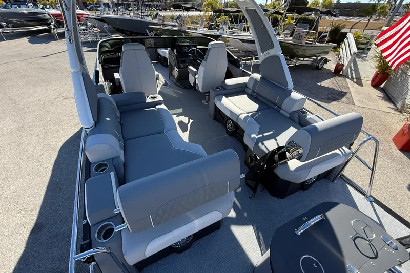 Slide: The Image of 2026 Avalon 2385 Catalina Windshield Quade Lounger, Tri Toon, high-performance boat interior. - 12