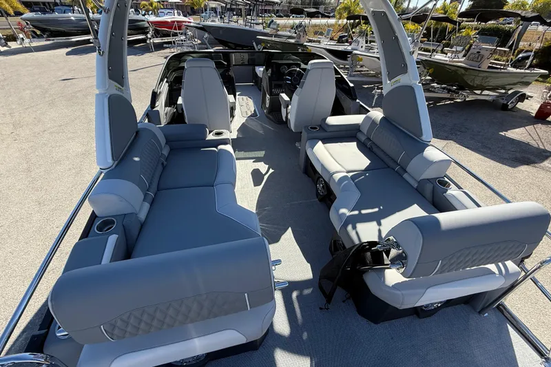 Slide: The Image of 2026 Avalon 2385 Catalina Windshield Quade Lounger, Tri Toon, high-performance boat interior. - 13