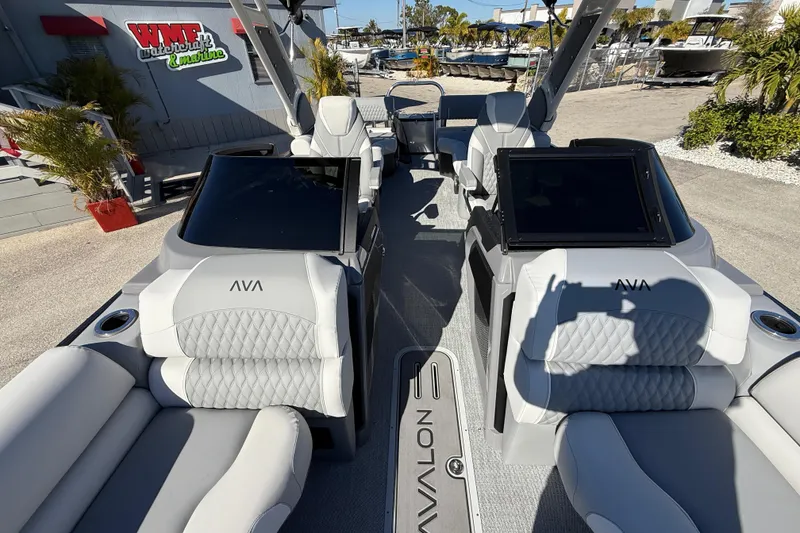 Slide: The Image of 2026 Avalon 2385 Catalina Windshield Quade Lounger, luxury tri-toon boat interior view. - 20