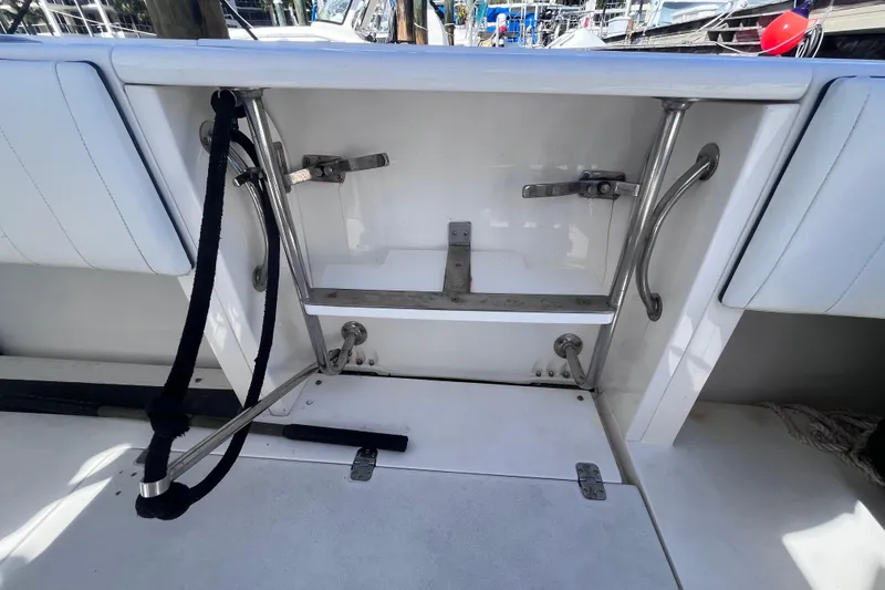 Slide: The Image of 2008 Intrepid 370 Cuddy boat deck with Suzuki engine detail. - 77