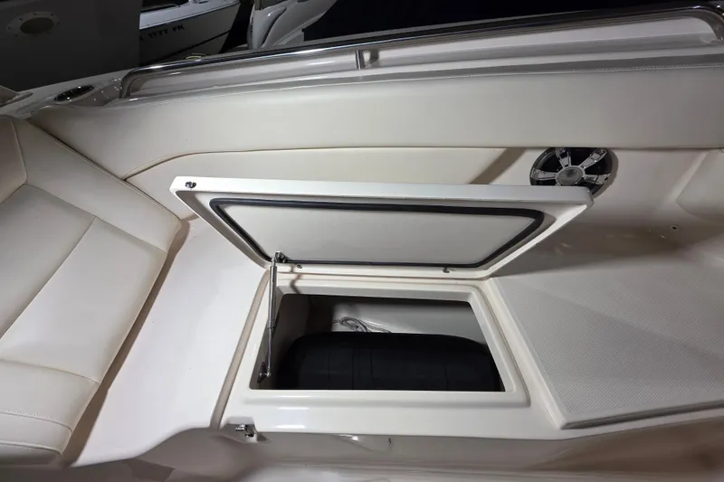 Slide: The Image of 2019 Grady-White Freedom 307 boat interior with open storage compartment. - 10