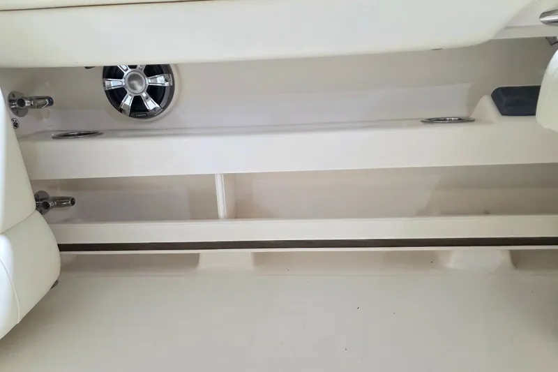 Slide: The Image of Interior view of 2019 Grady-White Freedom 307 boat, featuring speaker and seating area. - 23
