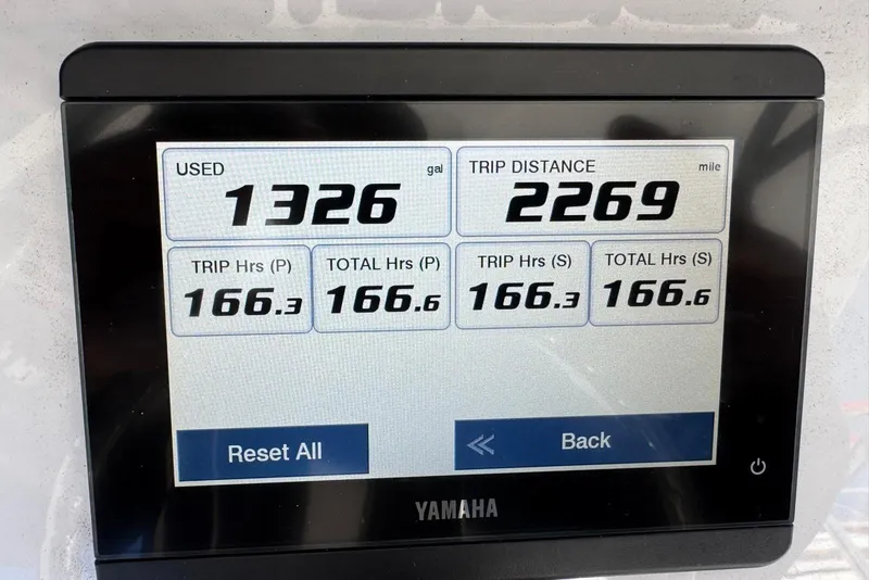 Slide: The Image of Yamaha display showing fuel usage and trip data for 2022 Sea Hunt Gamefish 27. - 5