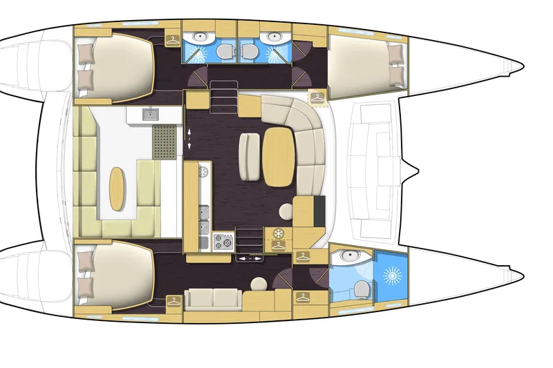 Slide: The Image of Floor plan of a 2008 Lagoon 440 catamaran, featuring cabins, bathrooms, and living areas. - 25