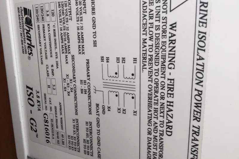 Slide: The Image of Label on marine isolation power transformer, Charles ISO-G2, 3.8 KVA, safety warnings visible. - 36
