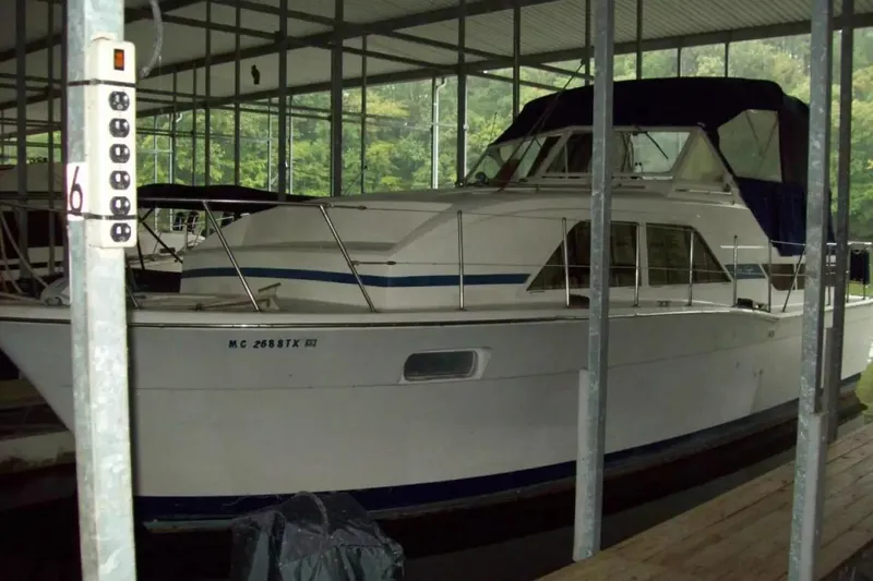 The Image of 1979 Chris-Craft 350 Catalina docked in covered marina. - 0