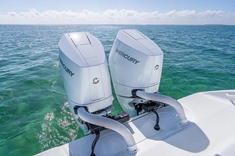 Slide: The Image of 2026 Yellowfin 32 Offshore boat with twin Mercury Verado engines on open sea. - 38