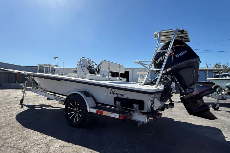 The Image of 2026 Maverick 17 HPX-S boat with Yamaha engine on trailer, parked outdoors. - 1