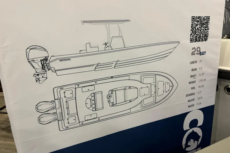 Slide: The Image of Blueprint of 2026 Contender 29 Bay boat with specifications and QR code. - 25