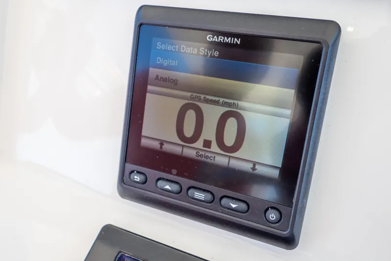 Slide: The Image of Garmin GPS display on 2015 Intrepid 400 Center Console showing speed. - 73