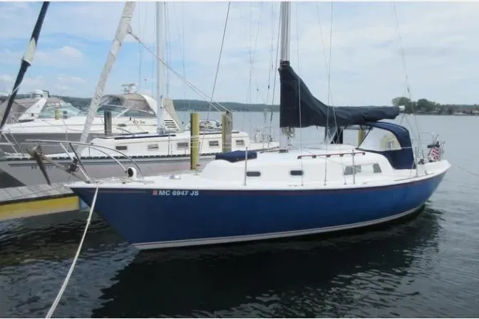 The Image of 1974 Pearson 30 sailboat docked in marina, blue hull, white deck, covered sails. - 1